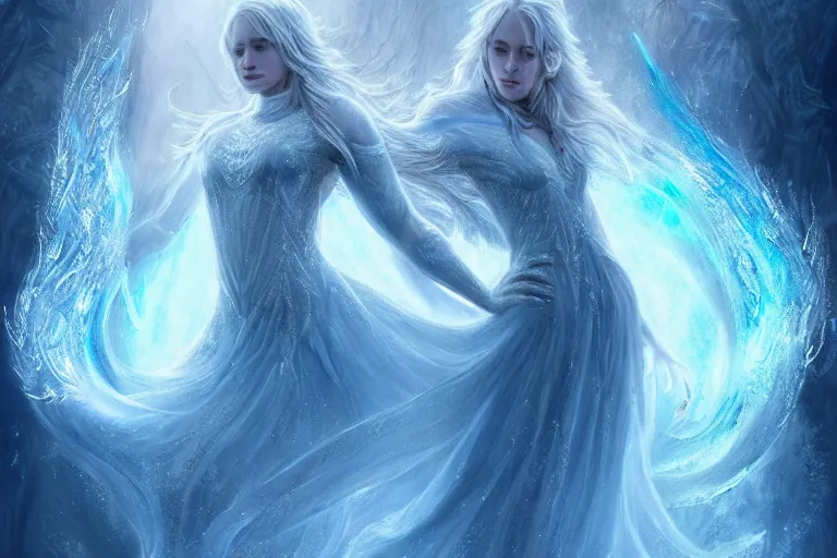 Image similar to Majestic beautiful young female ice goddess!! running from being corrupted by fire, intricate, epic, elegant, menacing, fantasy, highly detailed, digital painting, hard focus, beautiful volumetric lighting, epic light, ultra detailed, souls, smoke, icicle, frozen by Leesha Hannigan, Ross Tran, Thierry Doizon, Kai Carpenter, Ignacio Fernández Ríos