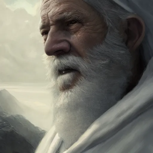 Image similar to portrait of an old man with long gray beard and a blind eye with a scar and him wearing a white cape with a hood on, Matte painting , detailed painting, made by Greg Rutkowski, 4k, atmospheric