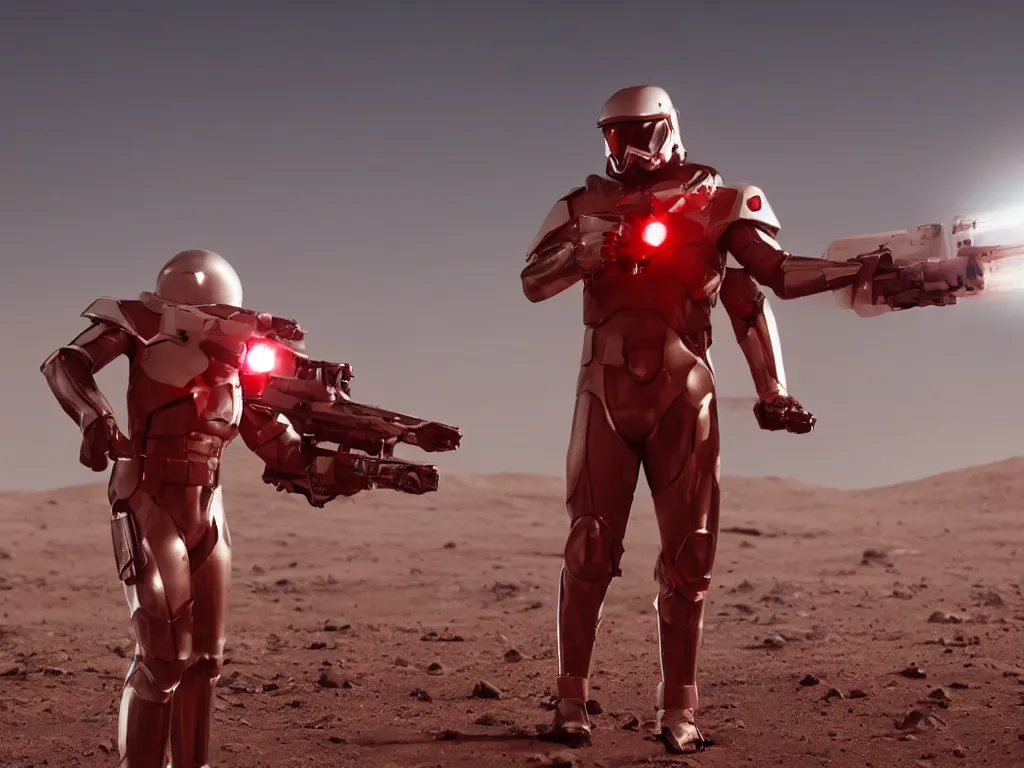 Image similar to gigachad space trooper in glossy sleek white armor with small red details, no helmet! , long red cape, heroic posture, firing laser rifle, on the surface of mars, dramatic lighting, sunset, cinematic, sci-fi, hyperrealistic, movie still