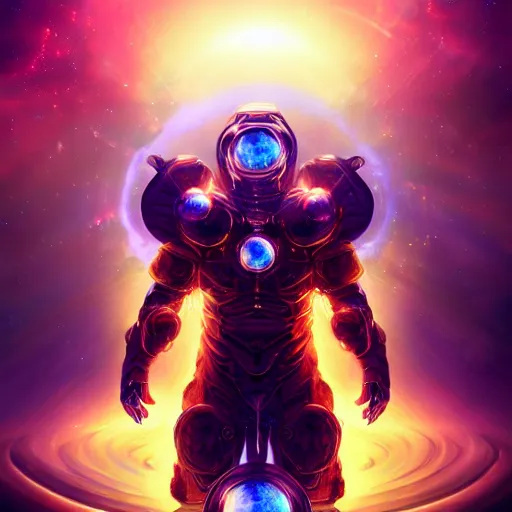 Image similar to photorealistic fantasy cosmic concept art of a cosmic god with armor made out of planets and dark matter, hovering in a unknown galaxy, fully body portrait, cinematic, dynamic lighting, ultra detailed, creative, trending on art station, creative