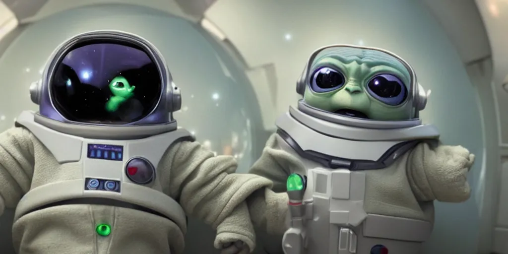 Image similar to a 3 d rendered movie still of baby yoda wearing a spacesuit, and exploring cosmos in a super awesome space ship. science fiction blockbuster movie, dramatic lighting, imax 7 0 mm. buzz lightyear