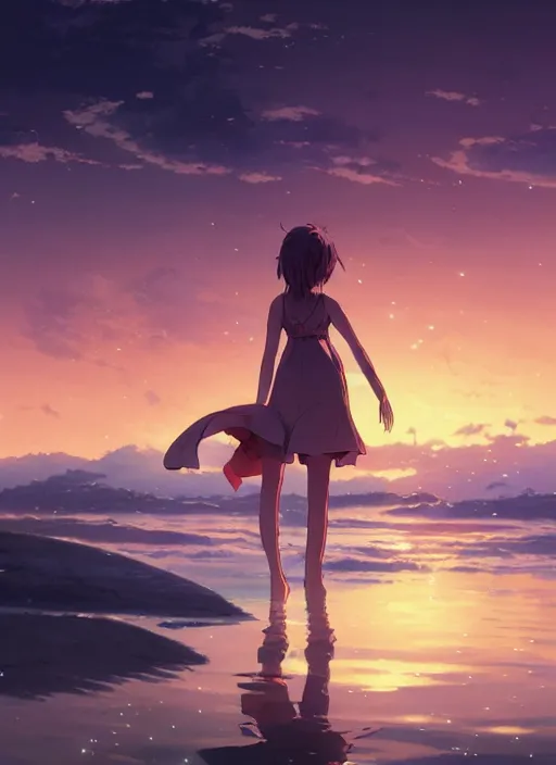 Image similar to anime girl walking on water, ripples, reflections in water, backdrop of dawn, saturn in the background, illustration, concept art, anime, key visual, trending pixiv fanbox by wlop and greg rutkowski and makoto shinkai and studio ghibli