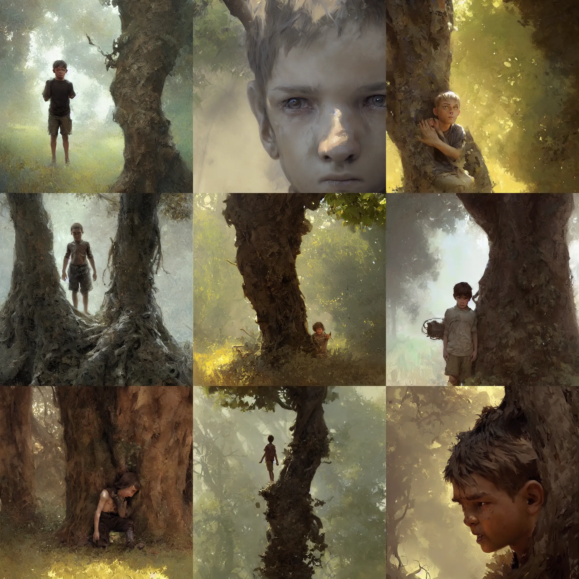 Prompt: digital art painting of a young scared boy hiding behind a tree by craig mullins and gaston bussiere and greg rutkowski, symmetrical face, defined facial features, symmetrical facial features, dramatic lighting