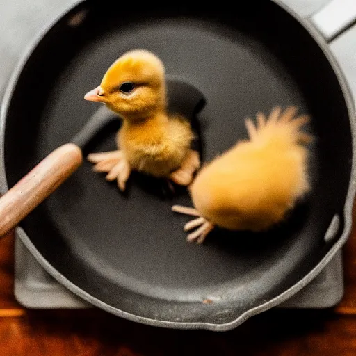 Prompt: a baby chick standing in the middle of a cast iron skillet while on the stove, dslr, close up, f3.5