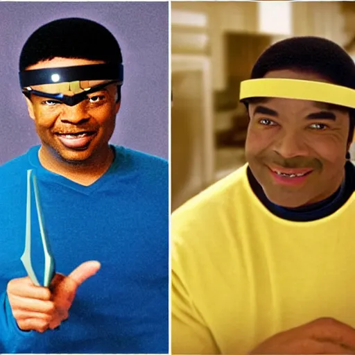 Image similar to Geordi LaForge wearing visor and a colander and random kitchen tools on his head