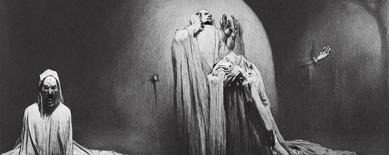 Image similar to vintage brightly color film footage, exorcism scared priest, wide open mouth in terror, mental hospital by zdzisław beksinski and gustave dore and alphonse mucha, artstationhq iamag