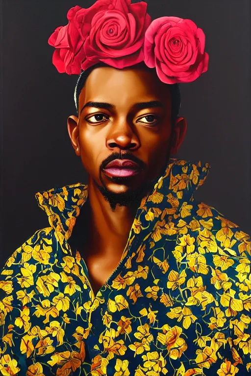 Image similar to Andre Benjamin, portrait by Kehinde Wiley!!, roses, oil paint on canvas, brushstrokes,