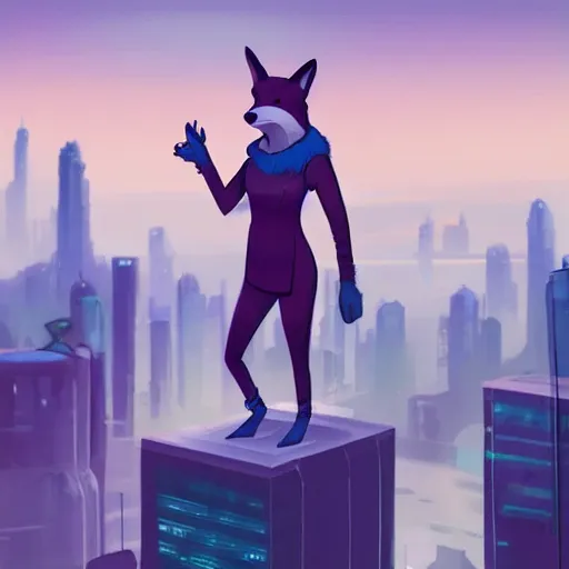 Image similar to an anthropomorphic fox, holding her paws together behind her back staring over a futuristic city from the top of a roof, highly coherent, trending on furaffinity, cyberpunk