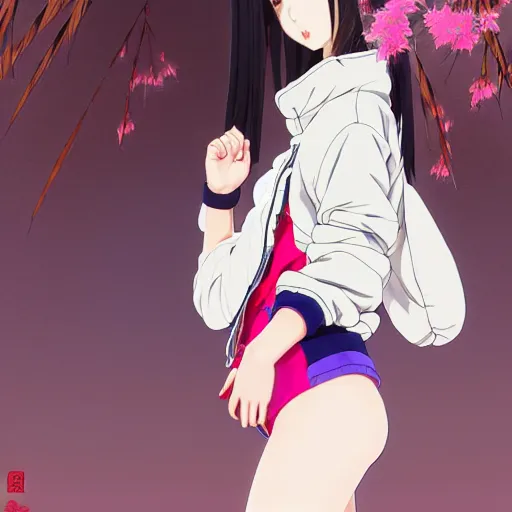 Image similar to a beautiful japanese lalisa alluring gravure model, wearing oversized designer bomber jacket and leotard, bulky poofy bomber jacket with mesoamerican patterns, mesoamerican native street fashion, gapmoe yandere grimdark, trending on pixiv fanbox, painted by greg rutkowski makoto shinkai takashi takeuchi studio ghibli, akihiko yoshida