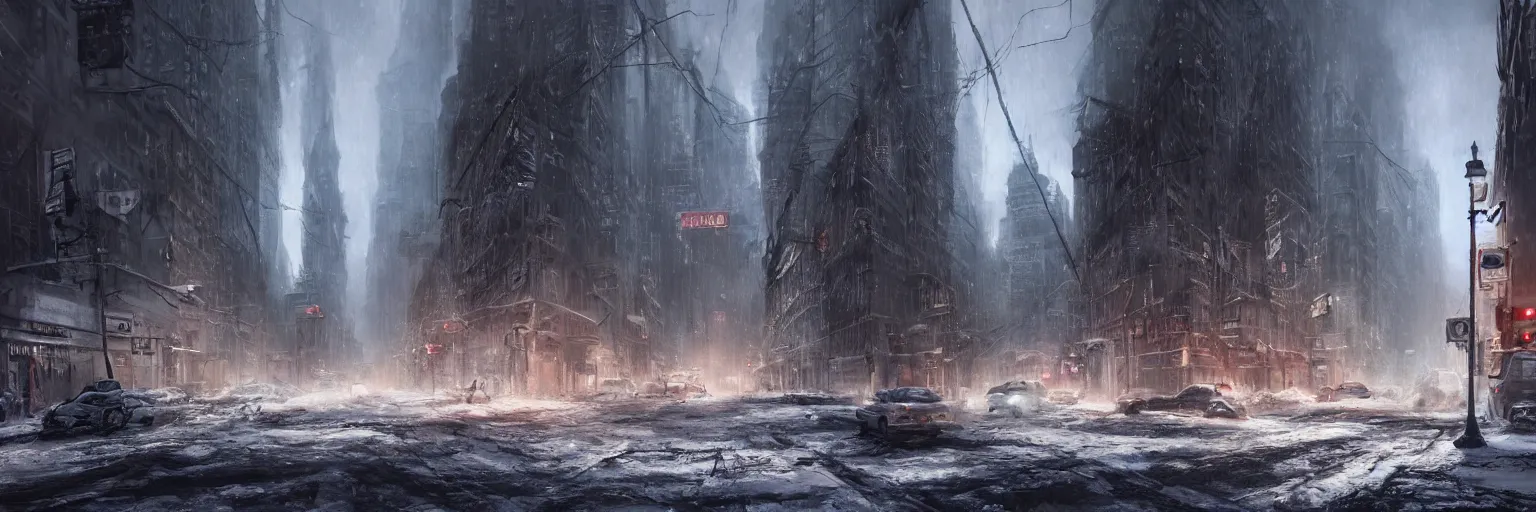 Prompt: Street in post apocalyptic Manhattan new york after a Blizzard, snow Storm, dramatic lighting, cinematic, establishing shot, extremly high detail, photo realistic, cinematic lighting, post processed, concept art, artstation, matte painting, style by eddie mendoza, raphael lacoste, alex ross