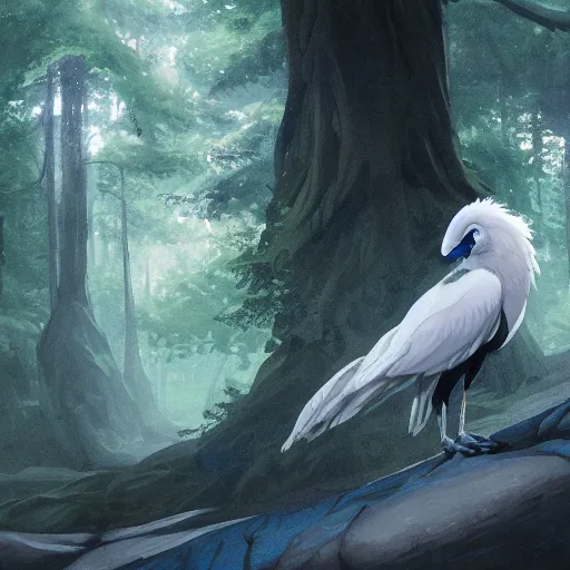 Prompt: concept art painting of an anthropomorphic humanoid white raven wearing dark blue robes, in the deep forest, realistic, detailed, cel shaded, in the style of makoto shinkai and greg rutkowski and james gurney