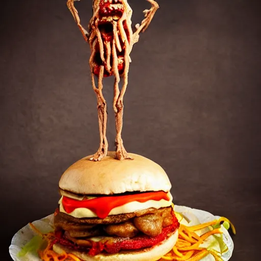 Image similar to a humanoid bipedal upright zombie that strongly resembles a hamburger, professional food photography