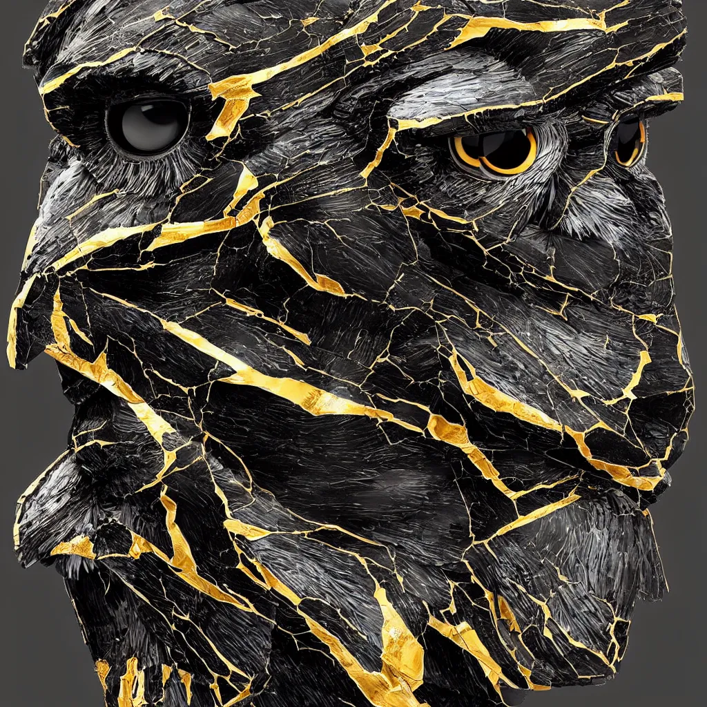 Image similar to symmetrical painting of a fractured obsidian greek statue of an owl fixed with kintsugi, rendered in octane trending on cgsociety. extremely detailed and intricate art, masterpiece