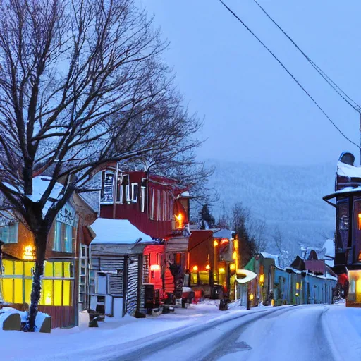 Prompt: small quebec town, winter, dawn