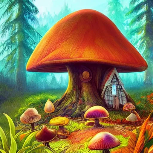 Prompt: Surreal hut in a fantasy forest, colorful mushrooms, artstation, award-winning!!!