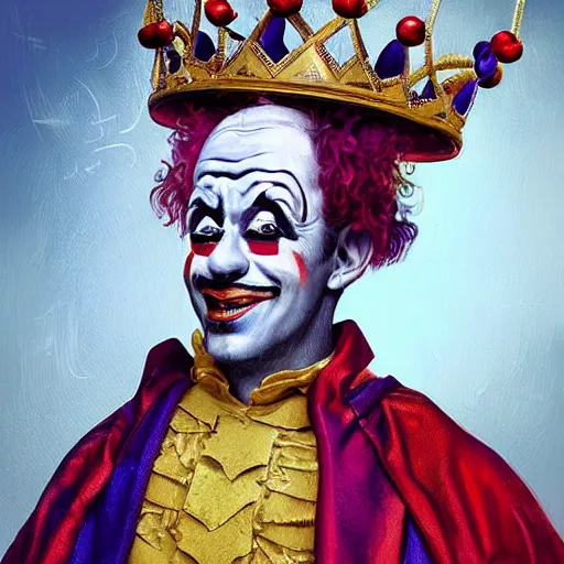 Image similar to “ an oil painting portrait of a clown wearing medieval royal robe and an ornate crown on a colorful background ” digital art, concept art, highly detailed, 3 - d 4 k, trending on art station, award winning, mark brooks,