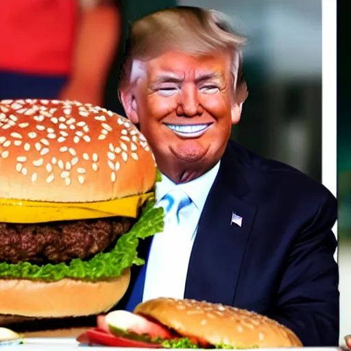 Prompt: a photo of donald trump eating the biggest hamburger in the world