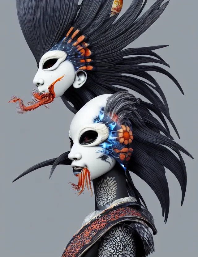 Image similar to 3 d goddess close - up profile simple portrait punk with mohawk with ram skull. beautiful intricately detailed japanese crow kitsune mask and clasical japanese kimono. betta fish, jellyfish phoenix, bio luminescent, plasma, ice, water, wind, creature, artwork by tooth wu and wlop and beeple and greg rutkowski