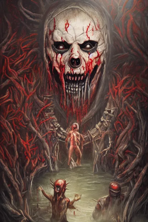 Image similar to a full body high detail fantasy portrait oil painting illustration of slipknot band in a lake of blood by justin sweet with face and body clearly visible, insane, realistic proportions, d & d, rpg, forgotten realms, artstation trending, high quality, sombre mood, artstation trending, muted colours, entire person visible!