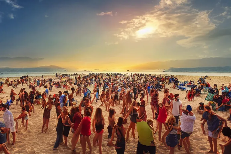 Prompt: everyone dancing at a party at the beach, drinking, food, bar, music, resort, praising the sun, golden hour, cinematic, atmospheric, 8k resolution, Hyperrealistic