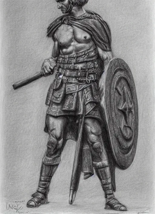 Prompt: a realistic pencil drawing of a adult roman soldier at the in gaul, extremely pronounced masculine features, low dutch angle, face in focus, natural lighting, realism, strong muscular features