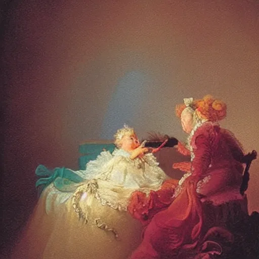 Prompt: helga pataki's teeth, soft rainbow light, painting by fragonard