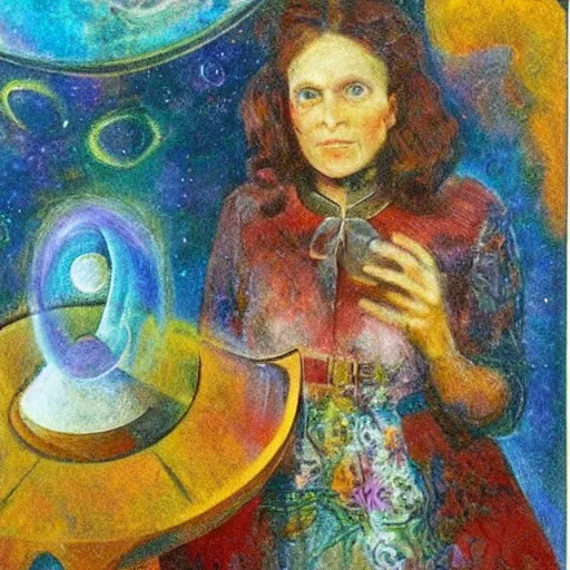 Image similar to A illustration. A rip in spacetime. Did this device in her hand open a portal to another dimension or reality?! symbolism by Margaret Olley ghostly