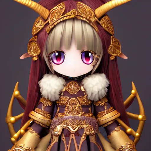 Image similar to cute fumo plush of a goat girl with horns, anime girl, tribal outfit with intricate celtic knot patterns, golden pauldrons, gothic maiden empress, artstation, vray