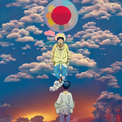 Image similar to a man walking on clouds above kyoto by takashi murakami, beeple and james jean, aya takano color style, 4 k, super detailed