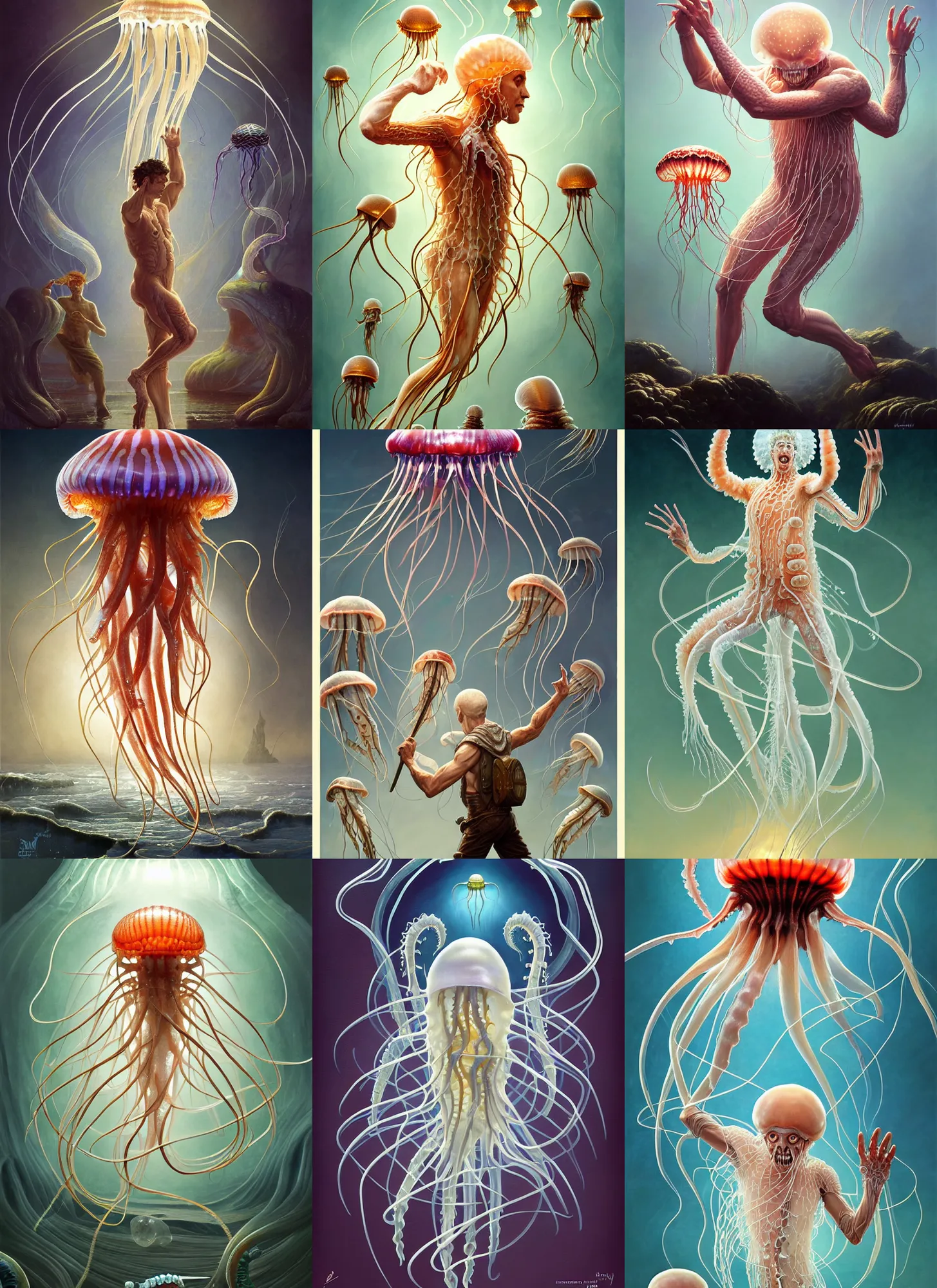 Prompt: full - body d & d mtg jellyfish anatomy on white background, action pose, intricate, highly detailed, digital painting, artstation, concept art, smooth, sharp focus, illustration, art by norman rockwell emiliano ponzi andrey remnev yoann lossel aaron jasinski, 8 k