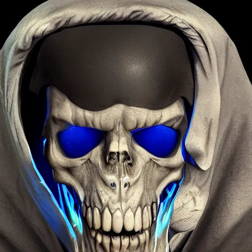 Image similar to a grim reaper with a crt monitor for a face. the monitor has a blue screen with white letters on it. by frank frazetta, simon bisley, brom, concept art, octane render, unreal engine 5, highly detailed, high quality, 8 k, soft lighting, realistic face, path traced