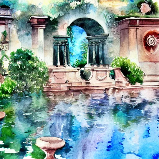 Prompt: italian gardens watercolors detailed shaded artstation