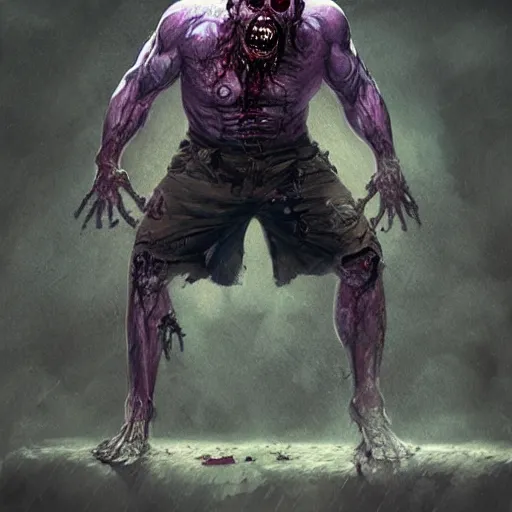 Prompt: zombie, highly detailed, tall, very mad face, fat, serious, purple shorts, lazy, insanely muscular, ripped, shredded, beast, rain background, digital art, pixiv fanbox, artstation, by greg rutkowski, wlop