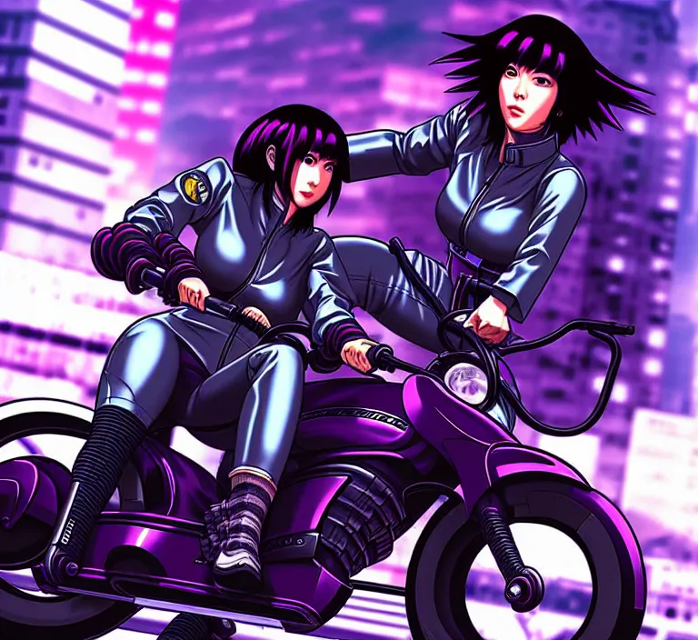 Image similar to motoko kusanagi riding a cyberpunk vehicle in a grungy cyberpunk megacity, bosozoku gang war, cyberpunk vaporwave, artgerm, sola digital arts, anti aliasing, raytracing