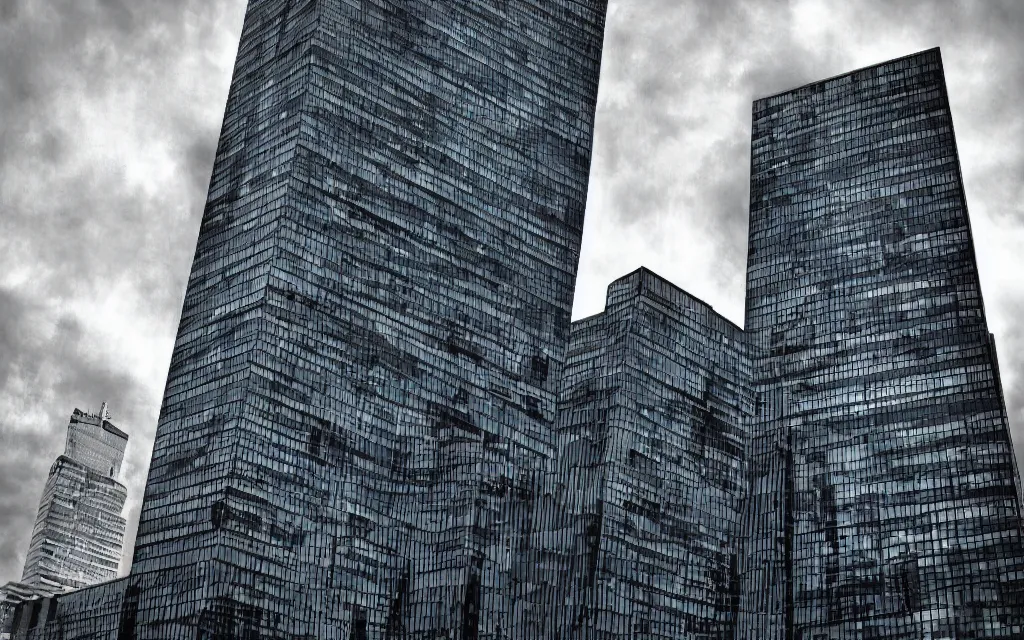 Prompt: ominous headquarters of an evil corporation, by wes jones