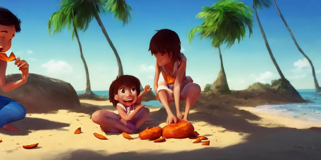 Image similar to a wholesome animation key shot of a kid eating a sweet potato at a tropical beach, medium shot, waist up, studio Pixar and Disney animation, sharp, very detailed, high resolution, Rendered in Unreal Engine 5, anime key art by Greg Rutkowski, Bloom, dramatic lighting