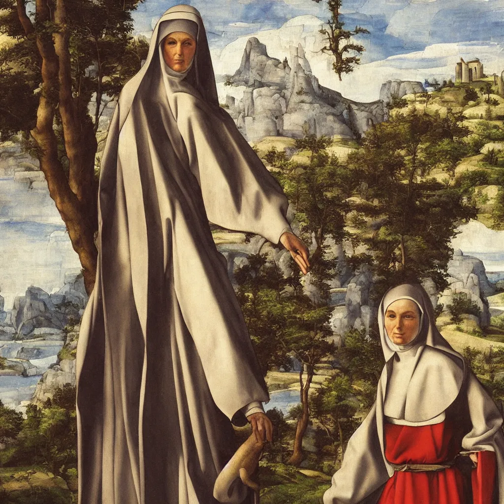 Image similar to a very detailed oil painting of the nun sainte claire wearing clarise habit, beautiful landscape background, half figure by michelangelo