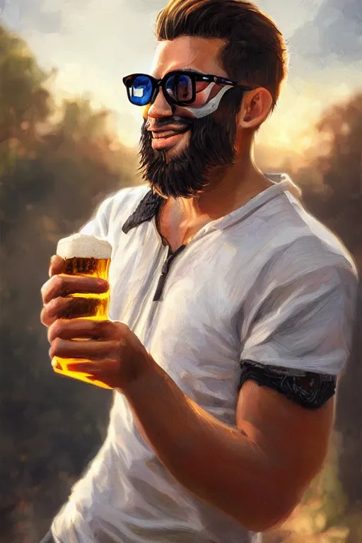 Image similar to a young man wearing raybands holding a beer giving a thumbs up with a long beard, real life skin, intricate, elegant, highly detailed, artstation, concept art, smooth, sharp focus, airbrush painted, art by ross tran