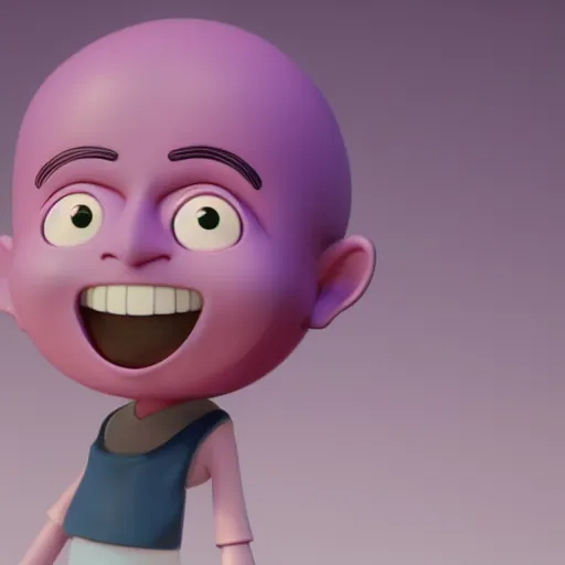 Image similar to purple clay character, laughing, studio ghibli looking at the camera, cute anime style, octane render