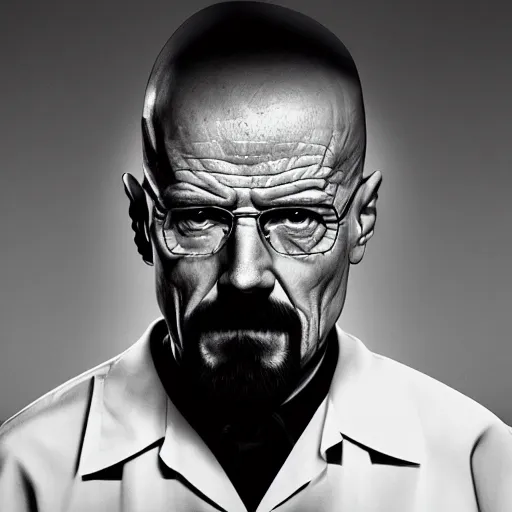 Image similar to Walter White becoming the Giga Chad, 8k, 4k, high resolution, black and white, chad,