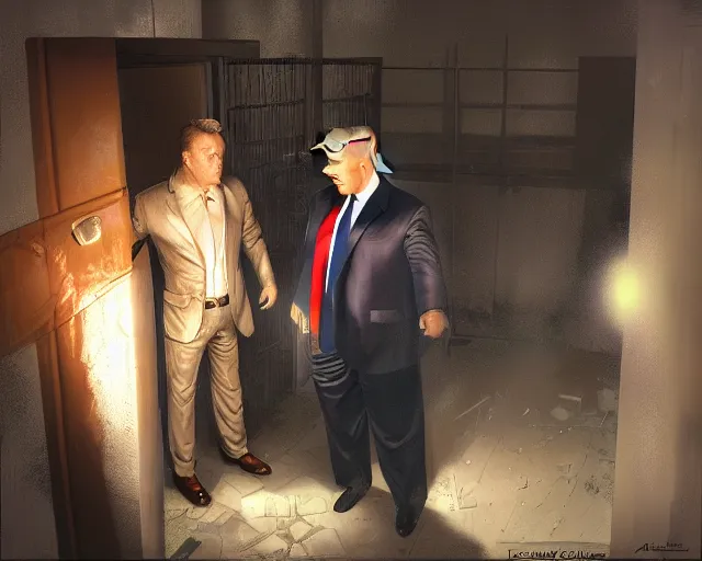 Image similar to Alex Jones and Donald Trump standing in a jail cell, craig mullins, octane