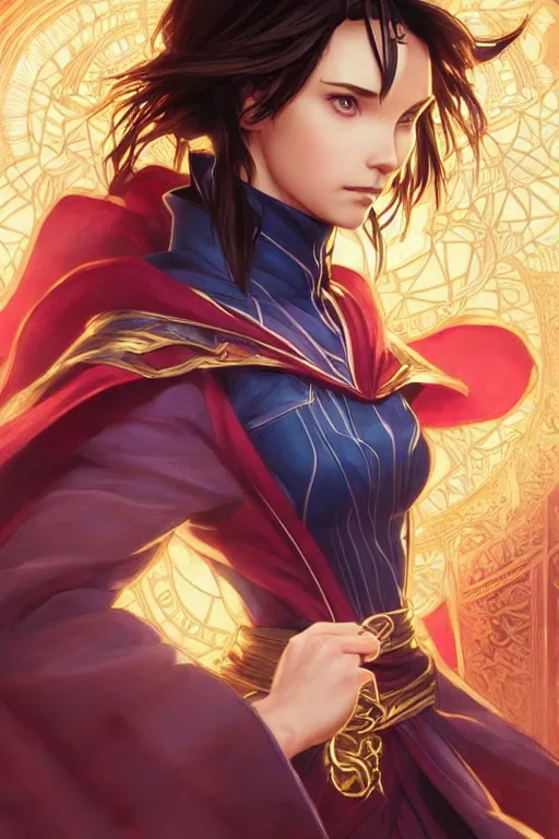 Image similar to anime key visual of a beautiful young female doctor strange, marvel comics, spells, magic, intricate, magical village, stunning, highly detailed, digital painting, artstation, smooth, hard focus, illustration, art by artgerm and greg rutkowski and alphonse mucha