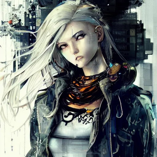 Prompt: highly detailed portrait of a moody post-cyberpunk young lady with a wavy blonde hair, by Dustin Nguyen, Akihiko Yoshida, Greg Tocchini, Greg Rutkowski, Cliff Chiang, 4k resolution, nier inspired, graffiti inspired, batman inspired, vibrant but dreary but upflifting gold, opal, silver, diamond, black and white color scheme!!! ((Graffiti tag brick wall background))