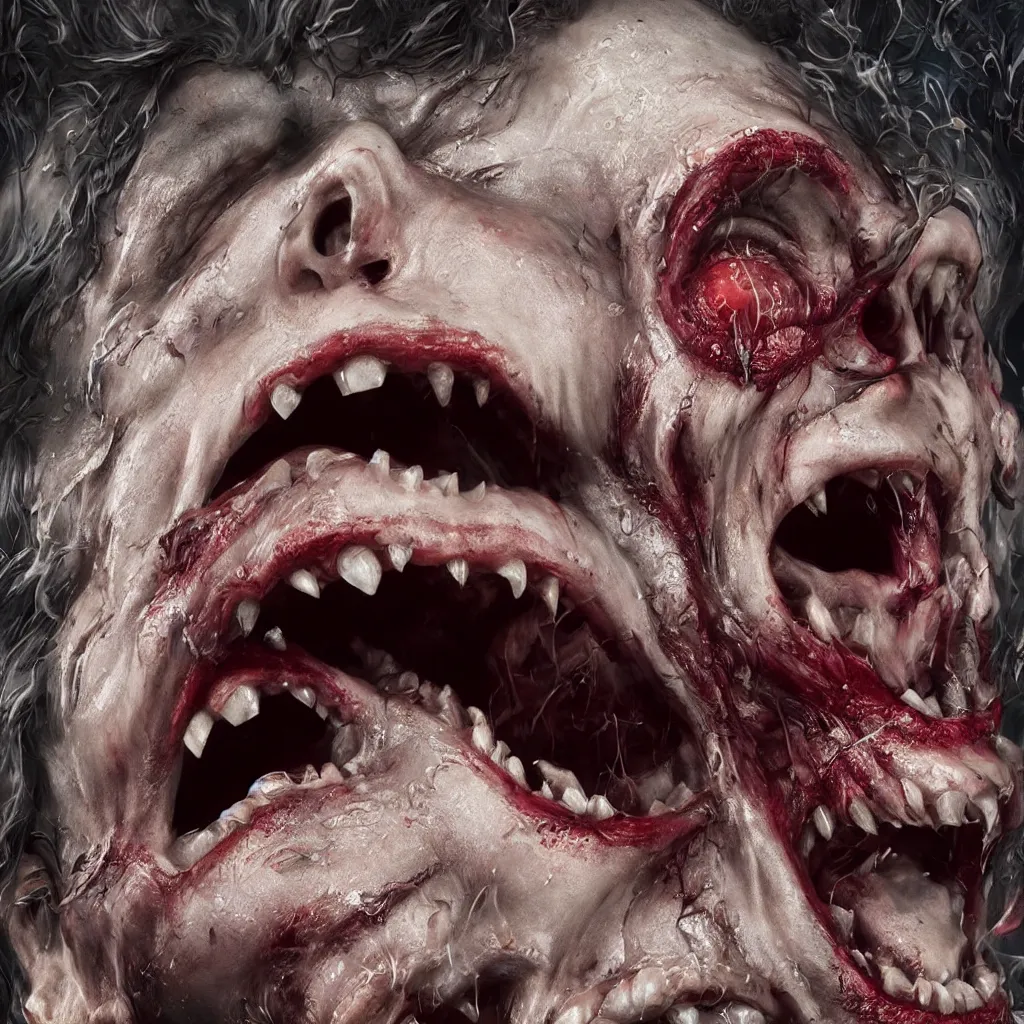 Prompt: screaming face of horror, hypermaximalistic, high details, cinematic, 8k resolution, beautiful detailed, insanely intricate details, artstation trending, octane render, unreal engine
