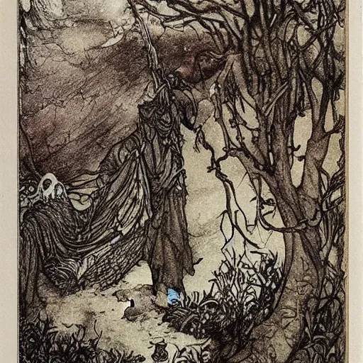 Image similar to once upon a midnight dreary, while i pondered, weak and weary, over many a quaint and curious volume of forgotten lore, by arthur rackham, highly detailed, 8 k,