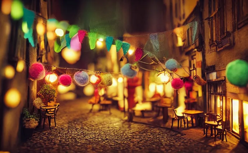 Image similar to mini cafe diorama macro photography, alleyway, cafe for felted animals, ambient, colorful paper lanterns, atmospheric photograph, string lights, romantic