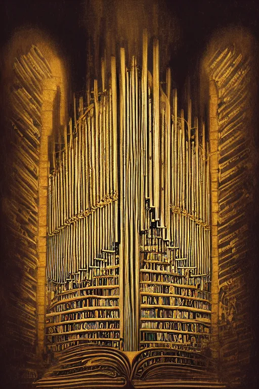 Prompt: illustration of close low angle view of an pipe organ made of books with gold spidery embellishments, night, smoke, ground fog, by vincent di fate, large depth of field, super detailed, digital art, trending on artstation, ornate