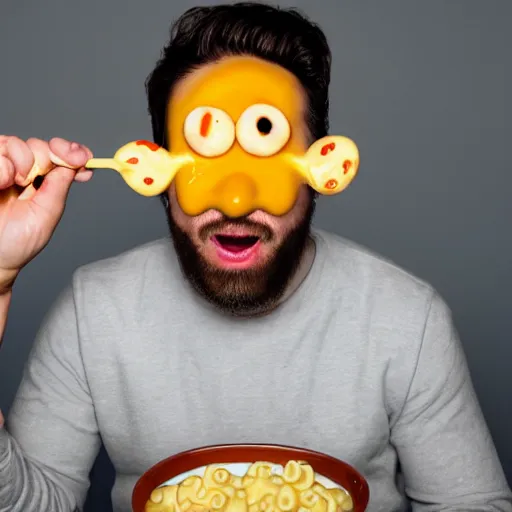 Image similar to a man with mac n' cheese streaming out of his eyes, nose, mouth and ears. photograph. delicious.