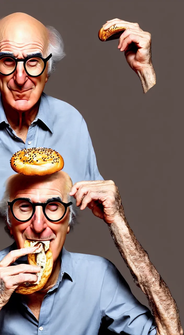 Image similar to larry david eating a bagel in the style of salvador dali hyper realistic, 8 k, hd