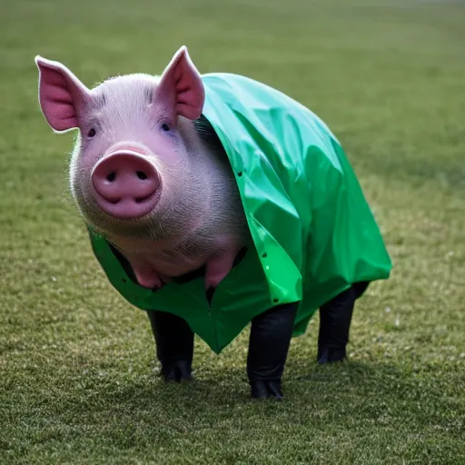 Image similar to photograph of a cute pig walking upright wearing a green dinosaur raincoat